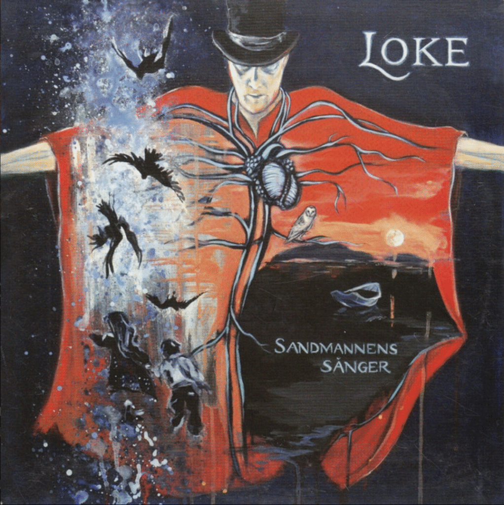 Lokes albumomslag för "Sandmannens sånger". Svart bakgrund med röd målning.